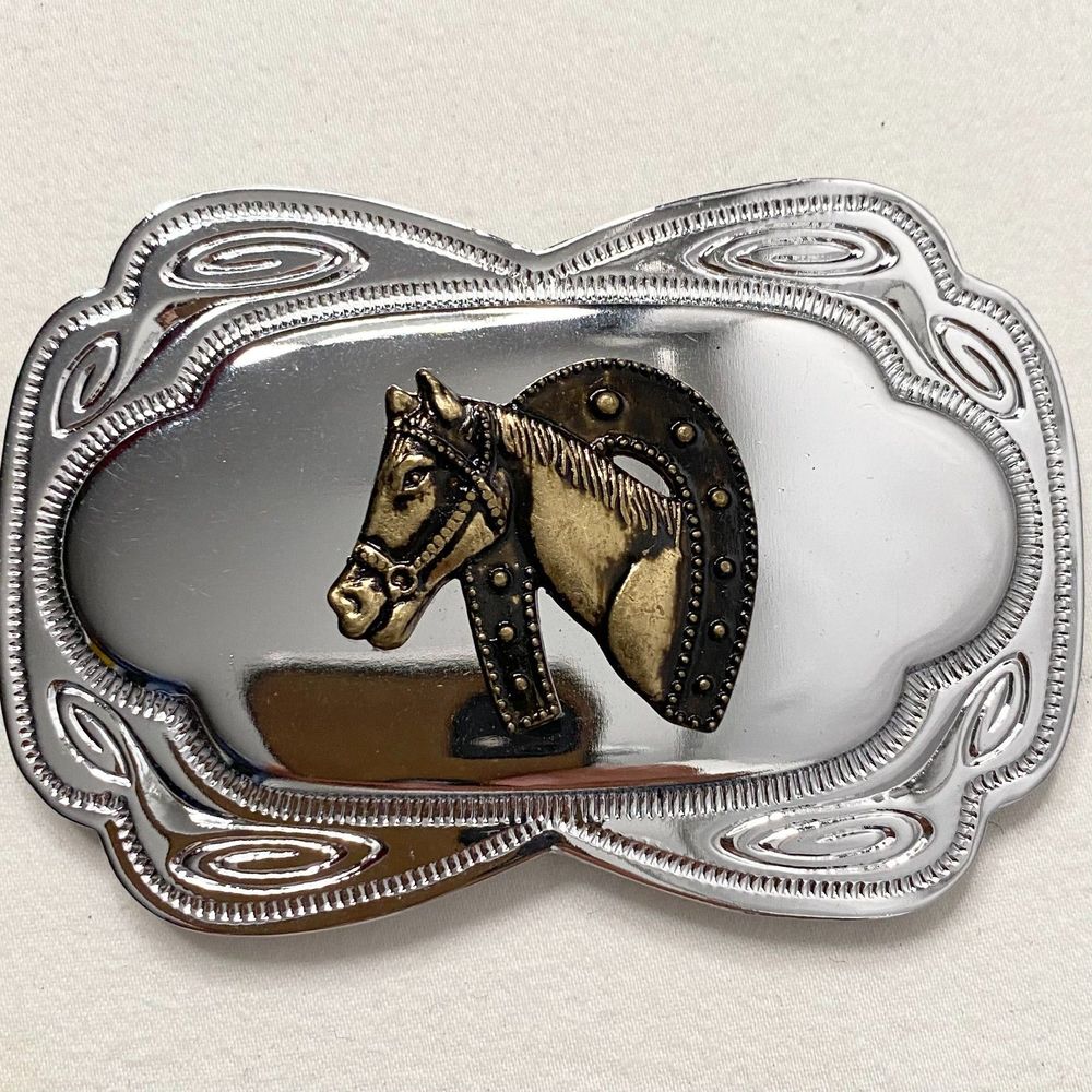 💎Bronze Horse Horseshoe Embossed Silver Tone Belt Buckle Western